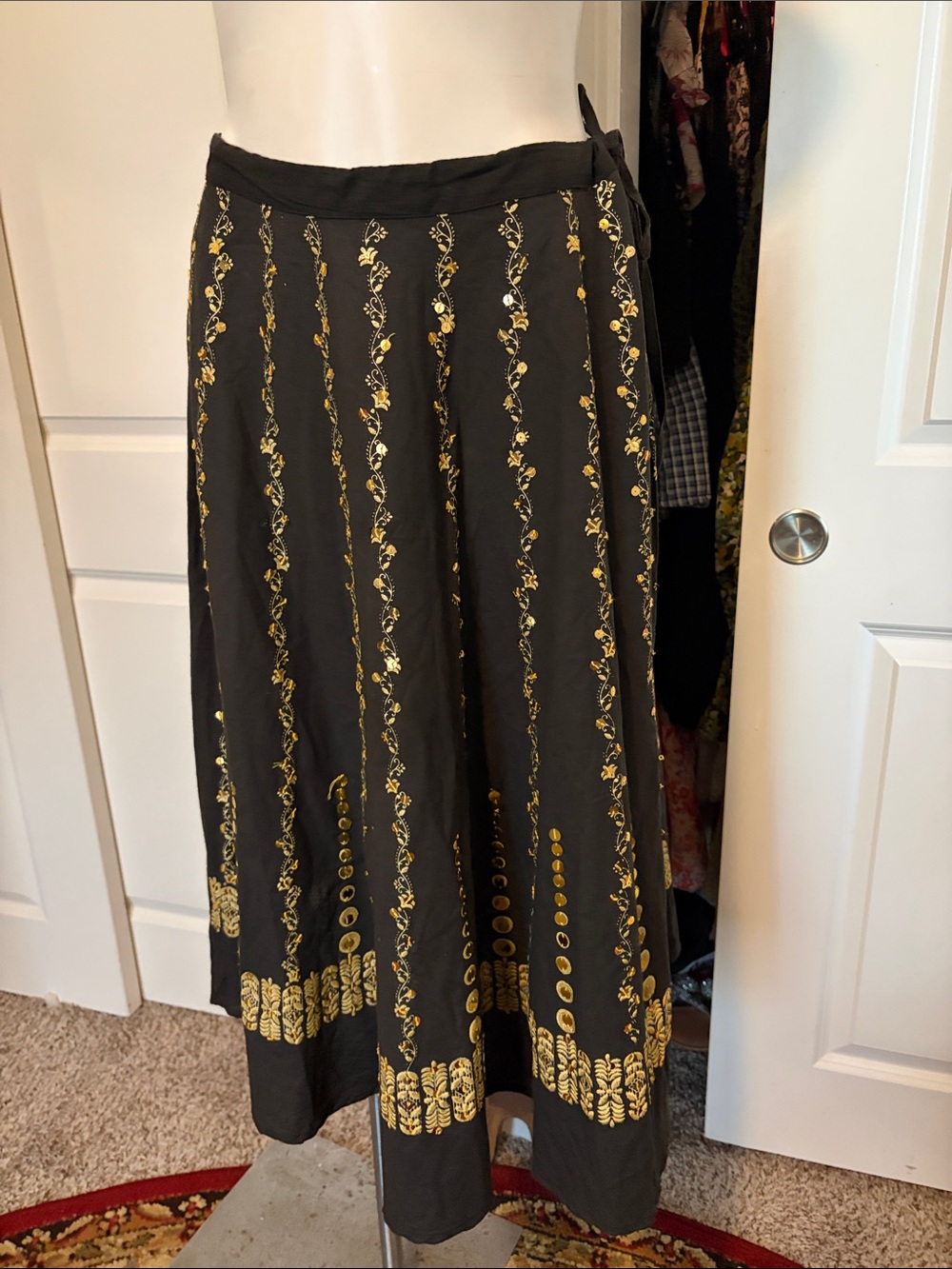 Black A-Line Wrap Skirt with Gold Embroidered Trim